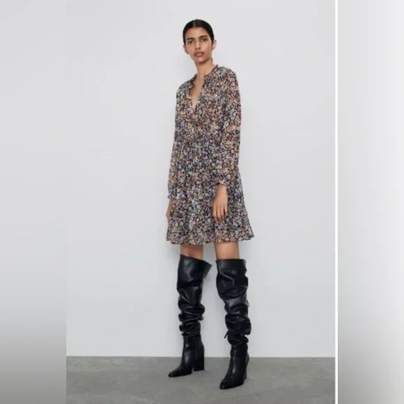 Zara | Dresses | Zara Womens Size Black Floral Chiffon Sleeved Flowy Short  Dress Mini | Poshmark